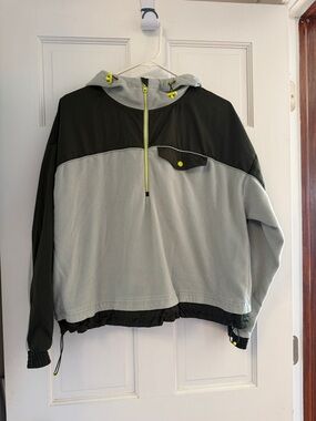 Athleta Light Gray and Olive Green Fleece Jacket with Neon Yellow Trim
